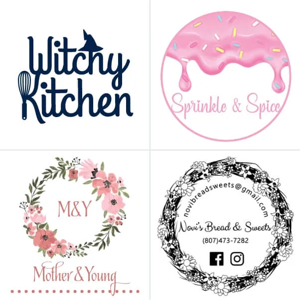 Logos for Witchy Kitchen, Sprinkle & Spice, Mother & Young, and Novi's Bread & Sweets